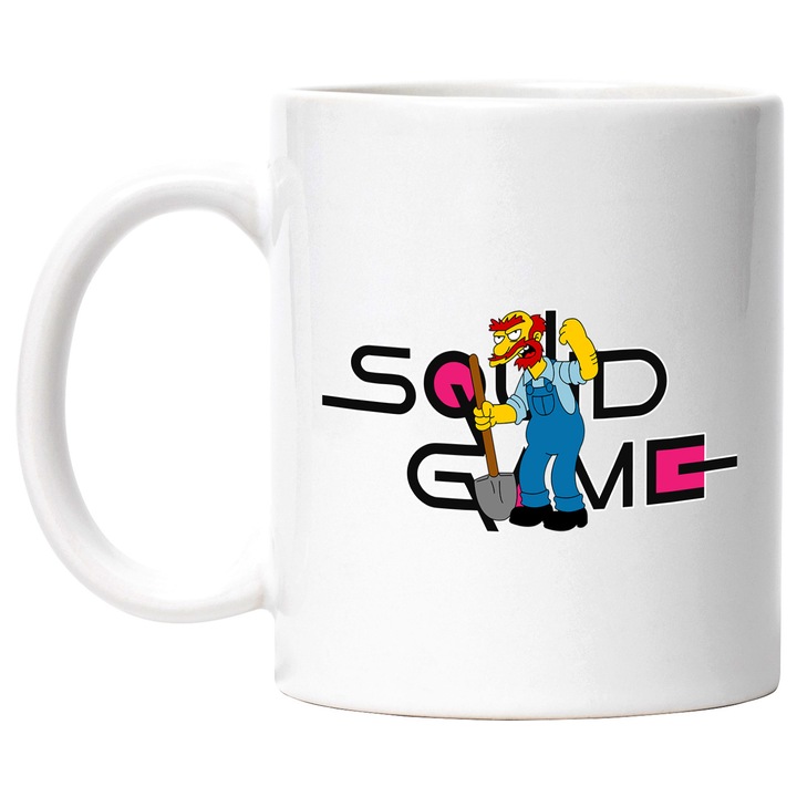 Cana Cu Simpson, Cu Textul "Squid Game" - Design 3, Ceramica, 330ML, Cu Maner si Interior Alb