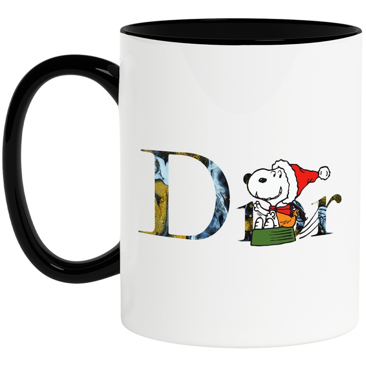 Cana Cu Snoopy, Cu Textul "Dior" - Design 1, Ceramica, 330ML, Cu Maner si Interior Negru