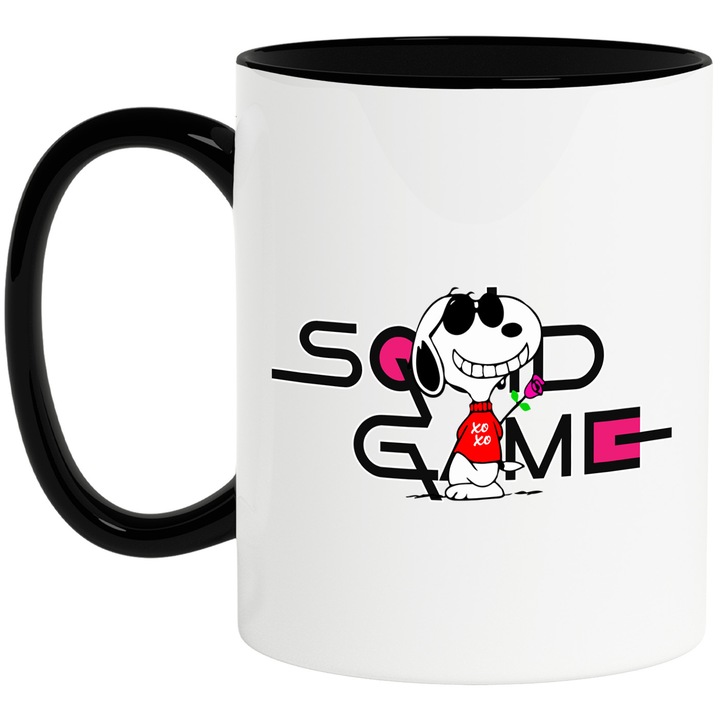 Cana Cu Snoopy, Cu Textul "Squid Game" - Design 10, Ceramica, 330ML, Cu Maner si Interior Negru