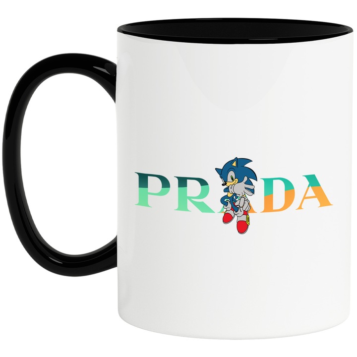 Cana Cu Sonic, Cu Textul "Prada" - Design 1, Ceramica, 330ML, Cu Maner si Interior Negru