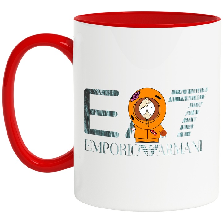 Cana Cu Southpark, Cu Textul "Emporio Armani EA" - Design 16, Ceramica, 330ML, Cu Maner si Interior Rosu