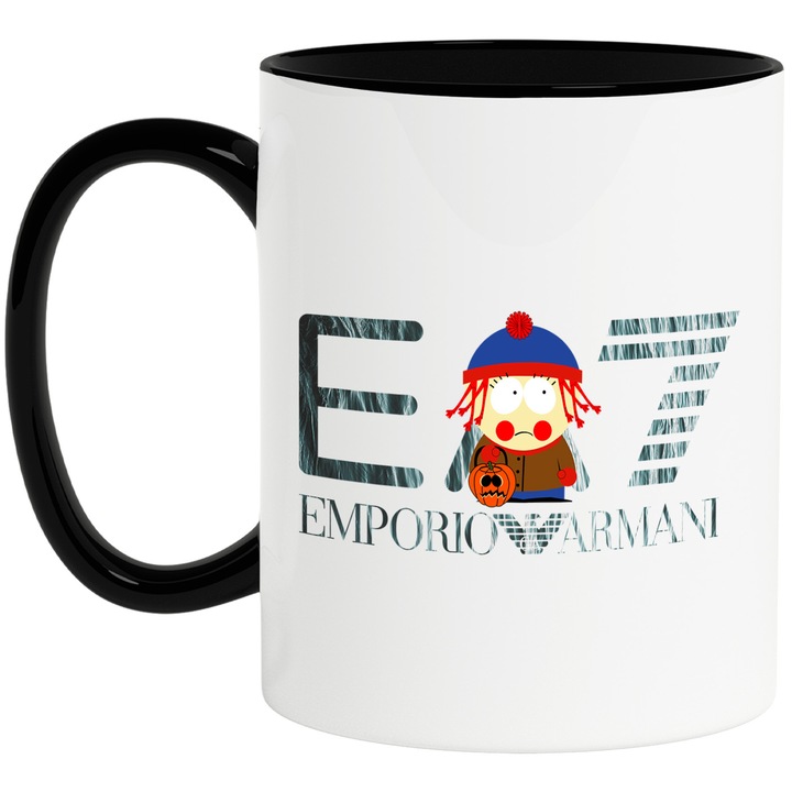 Cana Cu Southpark, Cu Textul "Emporio Armani EA" - Design 18, Ceramica, 330ML, Cu Maner si Interior Negru