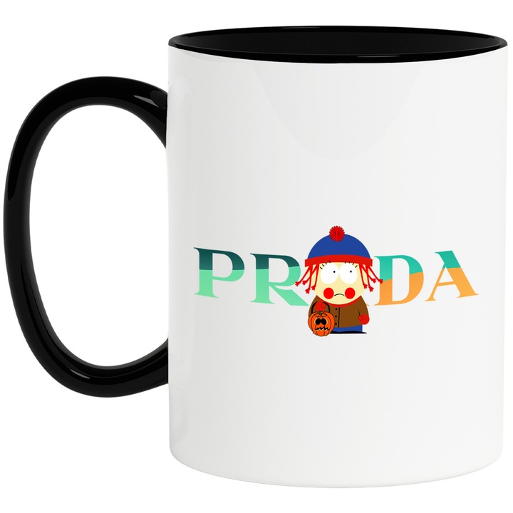 Cana Cu Southpark, Cu Textul "Prada" - Design 4, Ceramica, 330ML, Cu Maner si Interior Negru