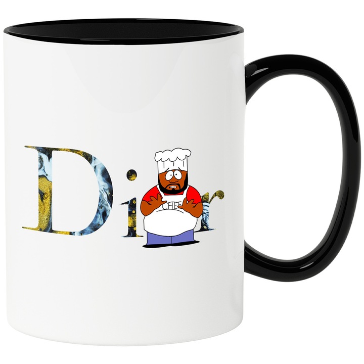 Cana Cu Southpark, Cu Textul "Dior" - Design 9, Ceramica, 330ML, Cu Maner si Interior Negru