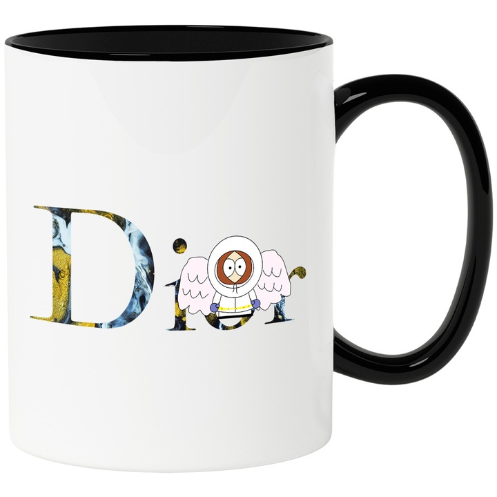 Cana Cu Southpark, Cu Textul "Dior" - Design 14, Ceramica, 330ML, Cu Maner si Interior Negru