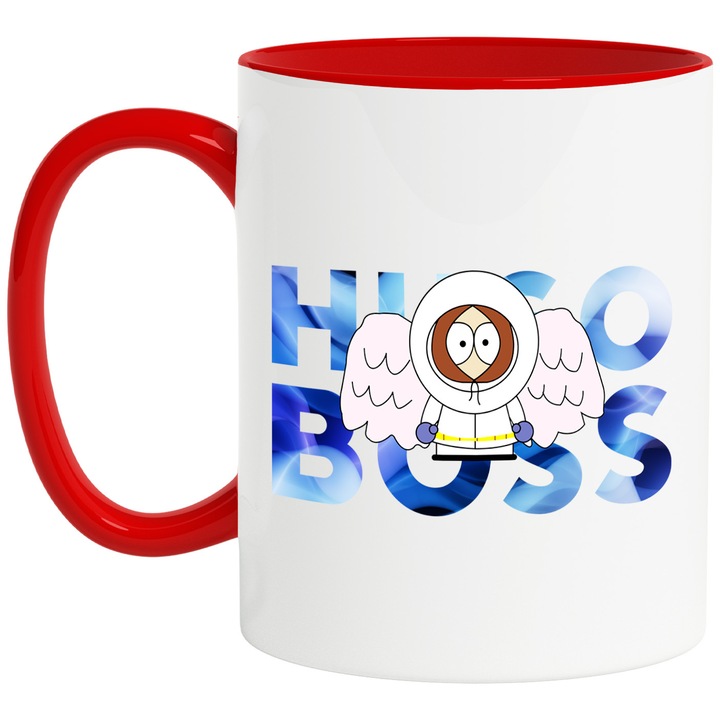 Cana Cu Southpark, Cu Textul "Hugo Boss" - Design 28, Ceramica, 330ML, Cu Maner si Interior Rosu