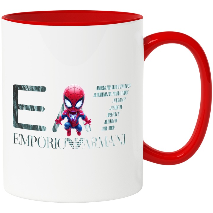 Cana Cu SpiderMan, Cu Textul "Emporio Armani EA" - Design 19, Ceramica, 330ML, Cu Maner si Interior Rosu