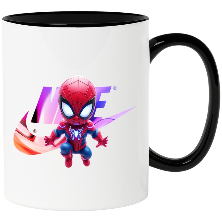 Cana Cu SpiderMan, Cu Textul "Nike" - Design 20, Ceramica, 330ML, Cu Maner si Interior Negru