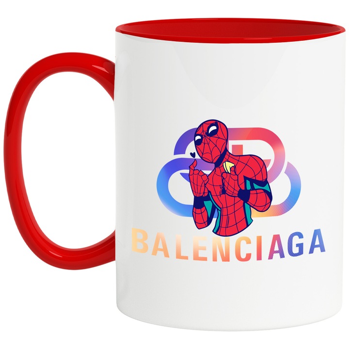 Cana Cu SpiderMan, Cu Textul "Balenciaga" - Design 21, Ceramica, 330ML, Cu Maner si Interior Rosu