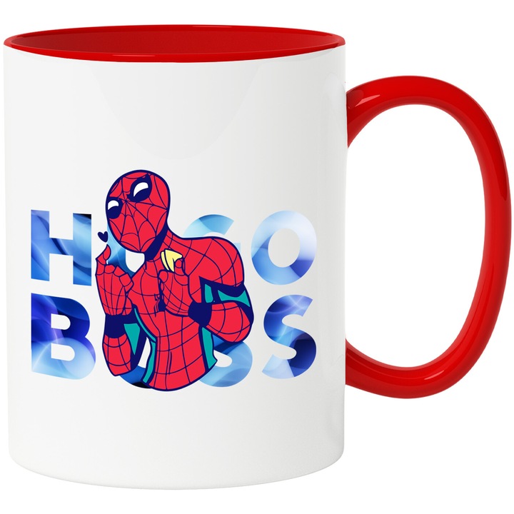 Cana Cu SpiderMan, Cu Textul "Hugo Boss" - Design 21, Ceramica, 330ML, Cu Maner si Interior Rosu