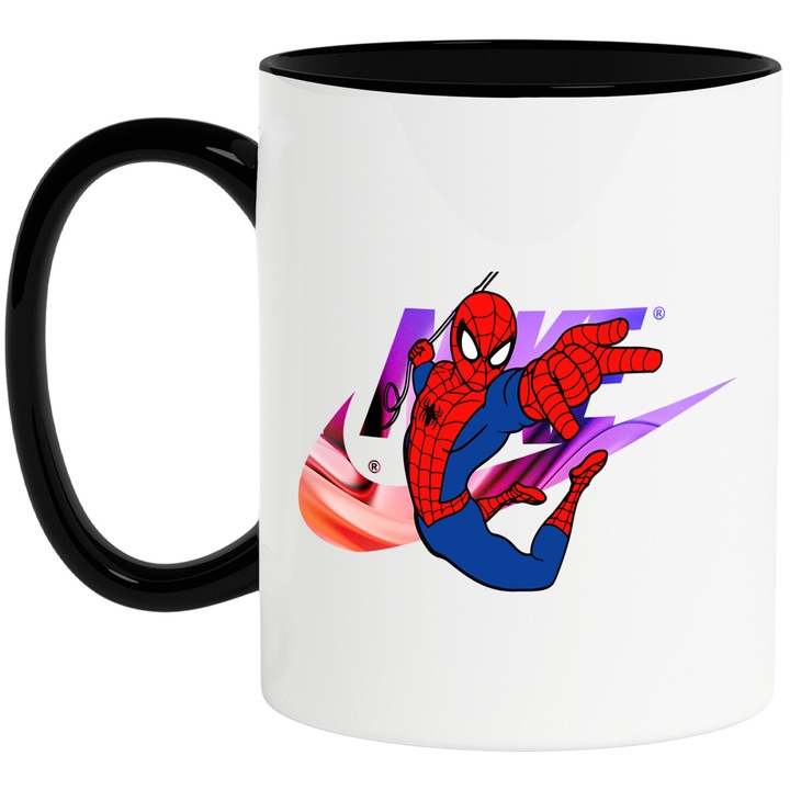Cana Cu SpiderMan, Cu Textul "Nike" - Design 29, Ceramica, 330ML, Cu Maner si Interior Negru