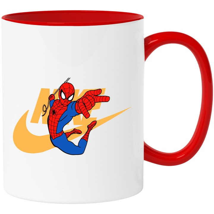 Cana Cu SpiderMan, Cu Textul "Nike" - Design 30, Ceramica, 330ML, Cu Maner si Interior Rosu