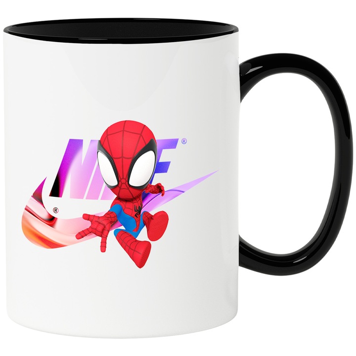 Cana Cu SpiderMan, Cu Textul "Nike" - Design 32, Ceramica, 330ML, Cu Maner si Interior Negru
