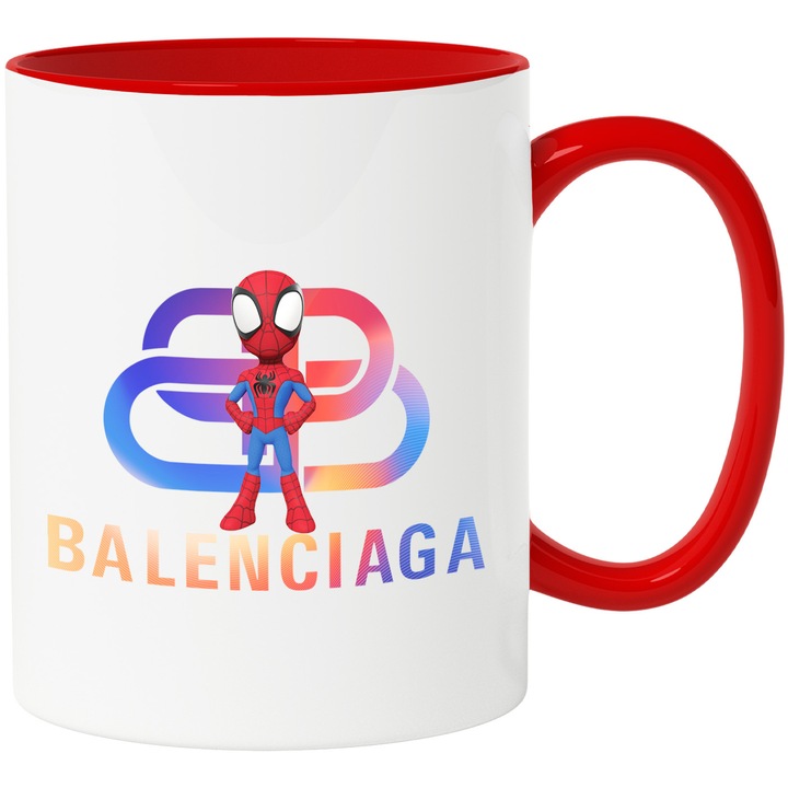 Cana Cu SpiderMan, Cu Textul "Balenciaga" - Design 24, Ceramica, 330ML, Cu Maner si Interior Rosu