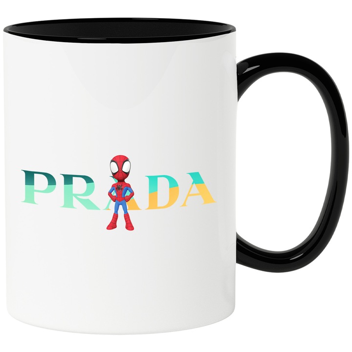 Cana Cu SpiderMan, Cu Textul "Prada" - Design 6, Ceramica, 330ML, Cu Maner si Interior Negru
