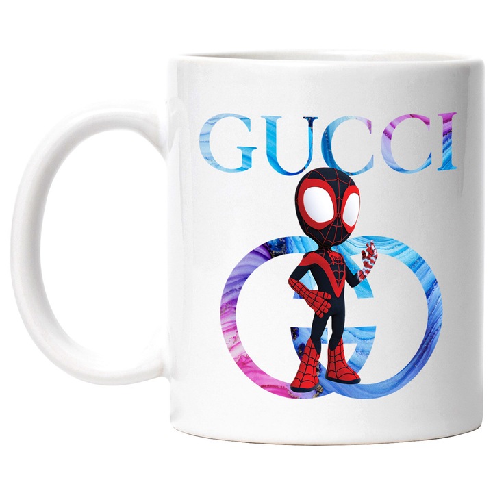 Cana Cu SpiderMan, Cu Textul "Gucci" - Design 25, Ceramica, 330ML, Cu Maner si Interior Alb