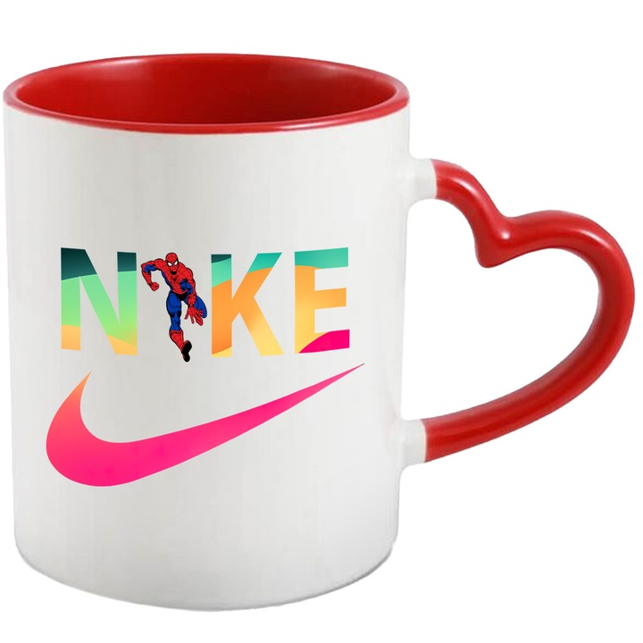 Cana Cu SpiderMan, Cu Textul "Nike" - Design 40, Ceramica, 330ML, Cu Maner Inima Rosie si Interior Rosu