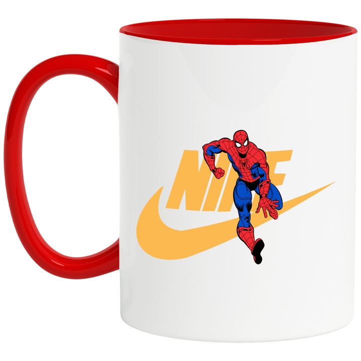 Cana Cu SpiderMan, Cu Textul "Nike" - Design 42, Ceramica, 330ML, Cu Maner si Interior Rosu
