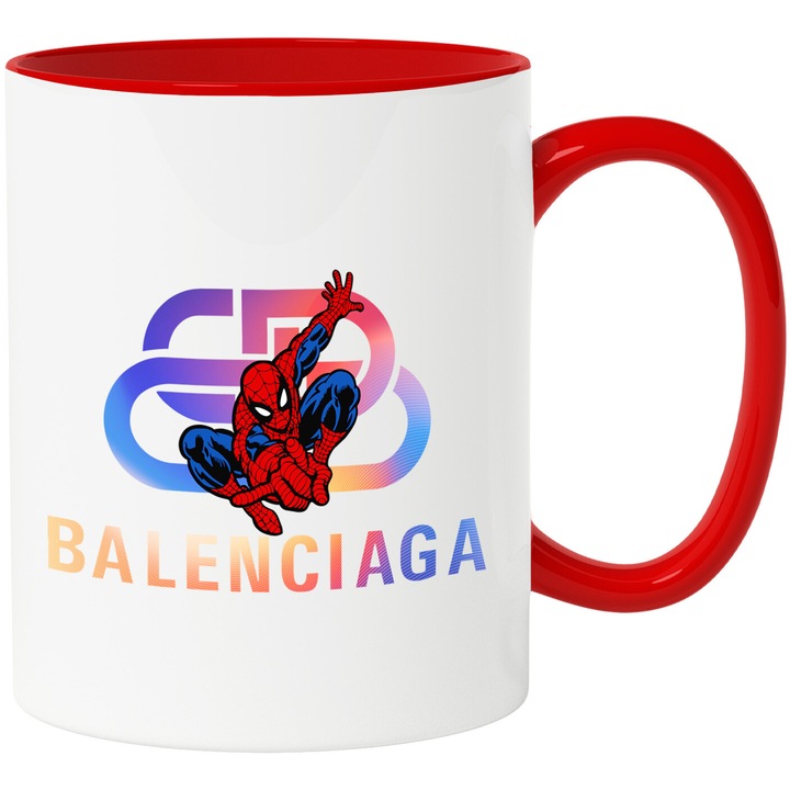 Cana Cu SpiderMan, Cu Textul "Balenciaga" - Design 27, Ceramica, 330ML, Cu Maner si Interior Rosu
