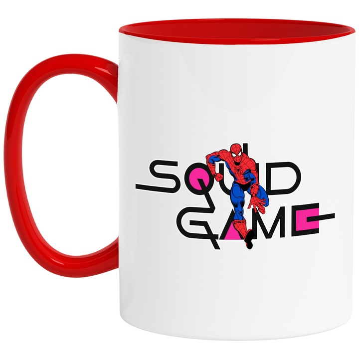Cana Cu SpiderMan, Cu Textul "Squid Game" - Design 8, Ceramica, 330ML, Cu Maner si Interior Rosu