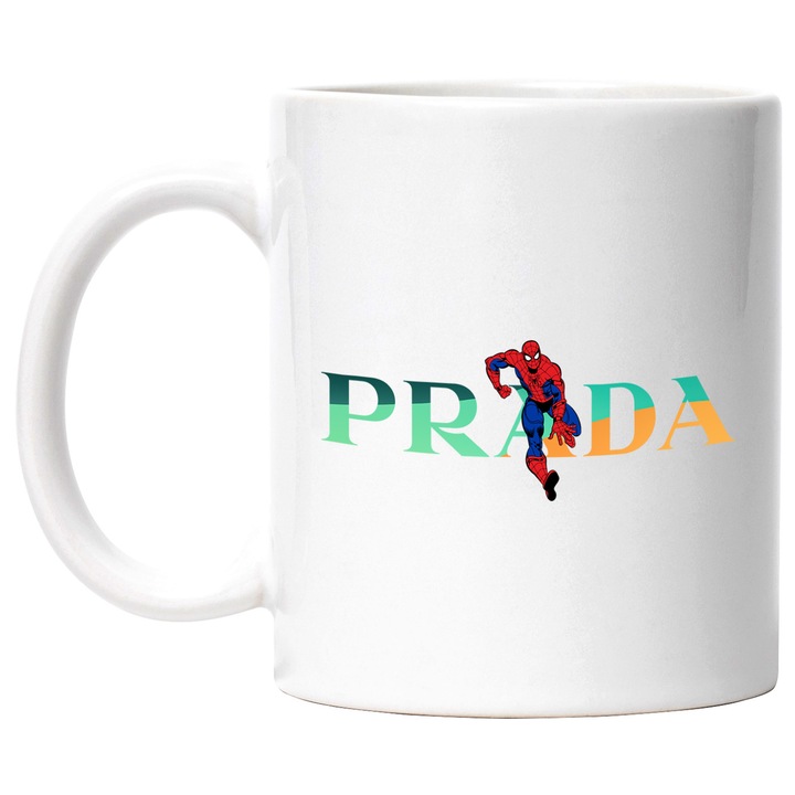 Cana Cu SpiderMan, Cu Textul "Prada" - Design 8, Ceramica, 330ML, Cu Maner si Interior Alb