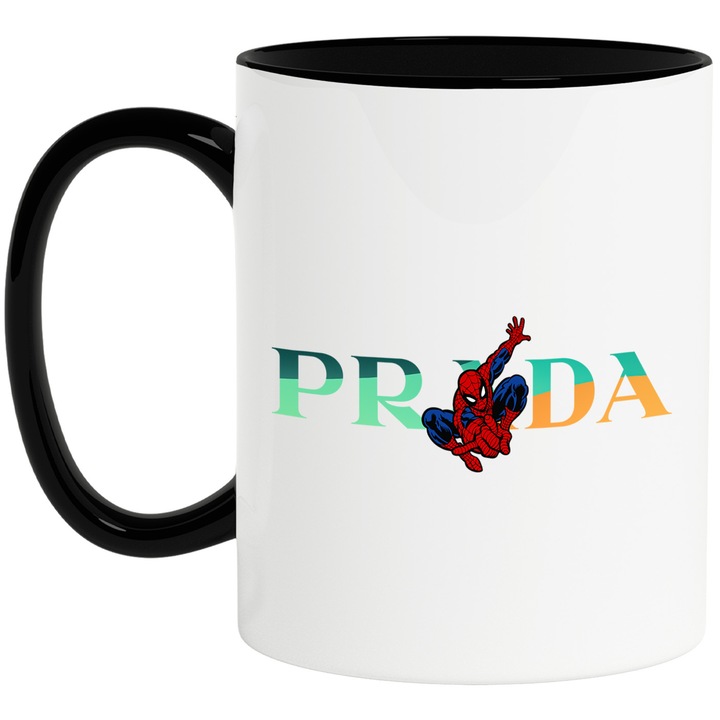 Cana Cu SpiderMan, Cu Textul "Prada" - Design 9, Ceramica, 330ML, Cu Maner si Interior Negru