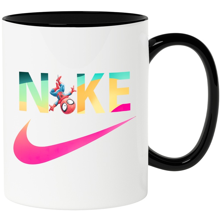 Cana Cu SpiderMan, Cu Textul "Nike" - Design 46, Ceramica, 330ML, Cu Maner si Interior Negru