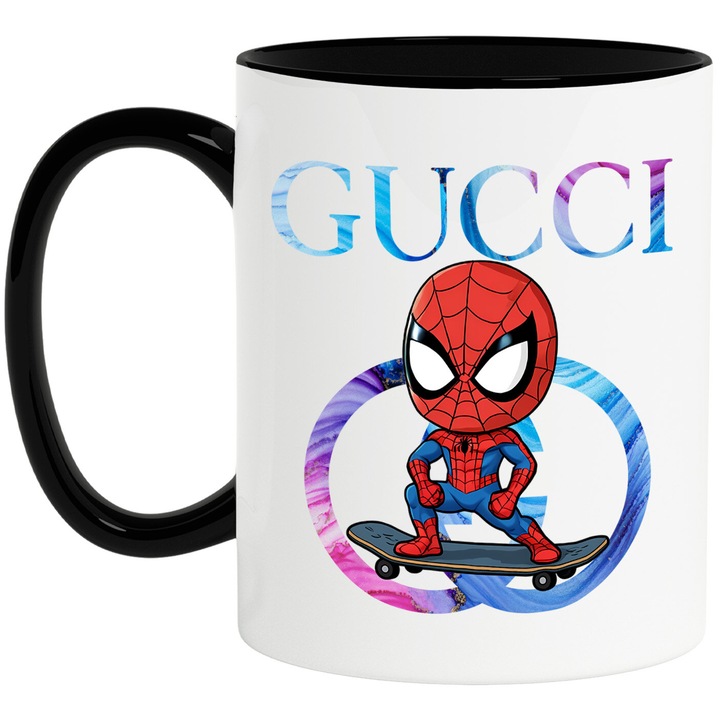 Cana Cu SpiderMan, Cu Textul "Gucci" - Design 29, Ceramica, 330ML, Cu Maner si Interior Negru