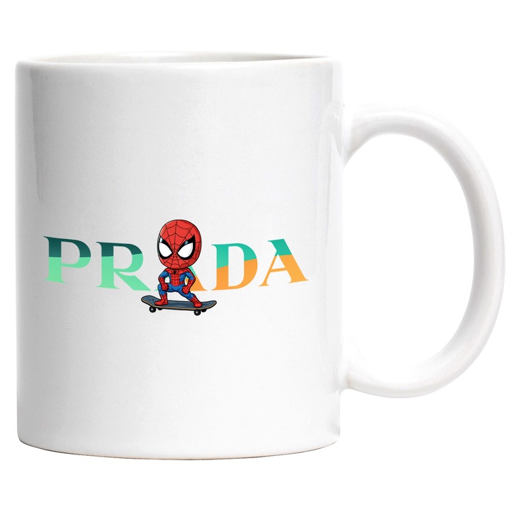 Cana Cu SpiderMan, Cu Textul "Prada" - Design 11, Ceramica, 330ML, Cu Maner si Interior Alb