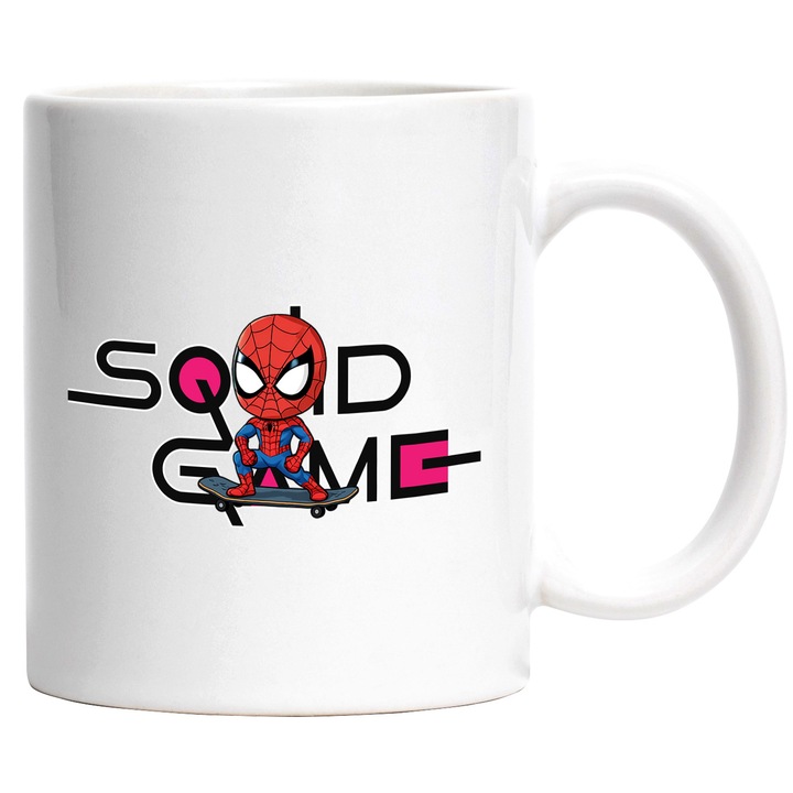 Cana Cu SpiderMan, Cu Textul "Squid Game" - Design 11, Ceramica, 330ML, Cu Maner si Interior Alb