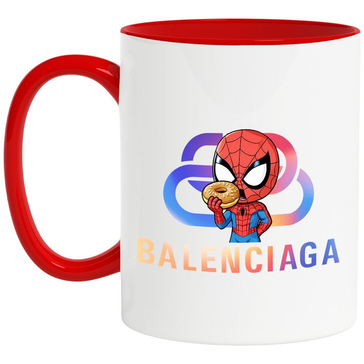 Cana Cu SpiderMan, Cu Textul "Balenciaga" - Design 30, Ceramica, 330ML, Cu Maner si Interior Rosu