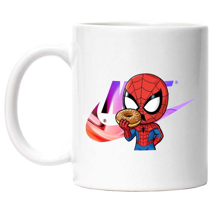 Cana Cu SpiderMan, Cu Textul "Nike" - Design 53, Ceramica, 330ML, Cu Maner si Interior Alb