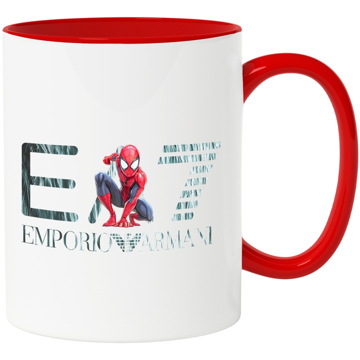 Cana Cu SpiderMan, Cu Textul "Emporio Armani EA" - Design 31, Ceramica, 330ML, Cu Maner si Interior Rosu