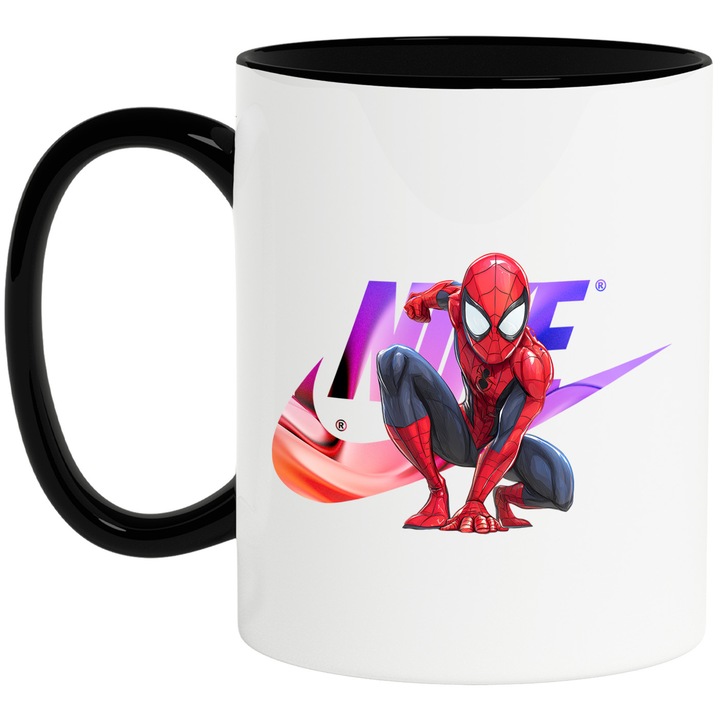 Cana Cu SpiderMan, Cu Textul "Nike" - Design 56, Ceramica, 330ML, Cu Maner si Interior Negru
