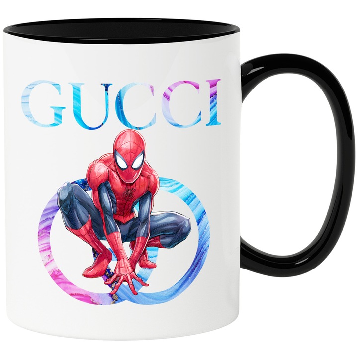 Cana Cu SpiderMan, Cu Textul "Gucci" - Design 32, Ceramica, 330ML, Cu Maner si Interior Negru