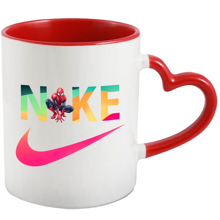 Cana Cu SpiderMan, Cu Textul "Nike" - Design 58, Ceramica, 330ML, Cu Maner Inima Rosie si Interior Rosu