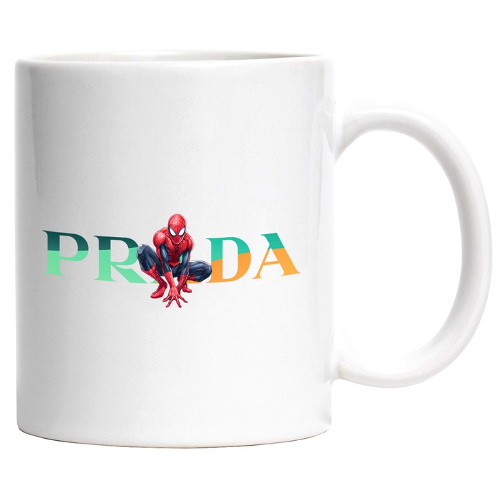 Cana Cu SpiderMan, Cu Textul "Prada" - Design 14, Ceramica, 330ML, Cu Maner si Interior Alb