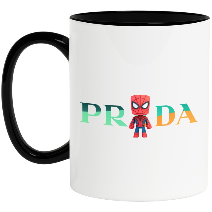 Cana Cu SpiderMan, Cu Textul "Prada" - Design 15, Ceramica, 330ML, Cu Maner si Interior Negru