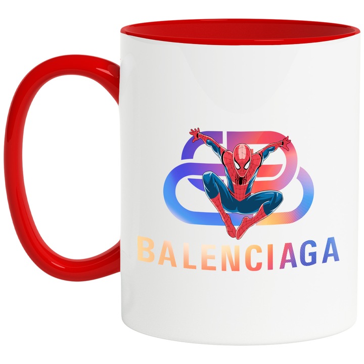 Cana Cu SpiderMan, Cu Textul "Balenciaga" - Design 34, Ceramica, 330ML, Cu Maner si Interior Rosu