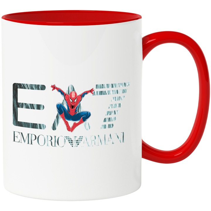 Cana Cu SpiderMan, Cu Textul "Emporio Armani EA" - Design 34, Ceramica, 330ML, Cu Maner si Interior Rosu