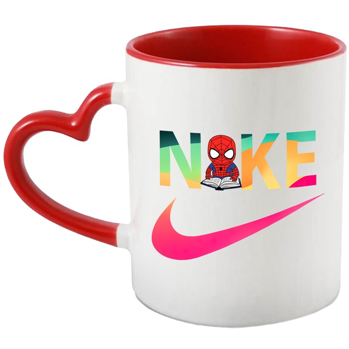 Cana Cu SpiderMan, Cu Textul "Nike" - Design 67, Ceramica, 330ML, Cu Maner Inima Rosie si Interior Rosu