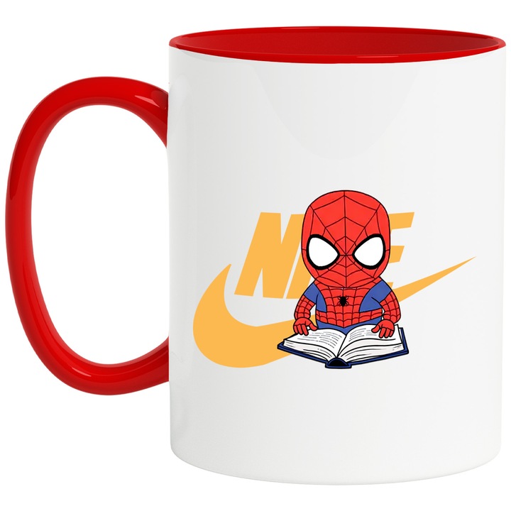Cana Cu SpiderMan, Cu Textul "Nike" - Design 69, Ceramica, 330ML, Cu Maner si Interior Rosu