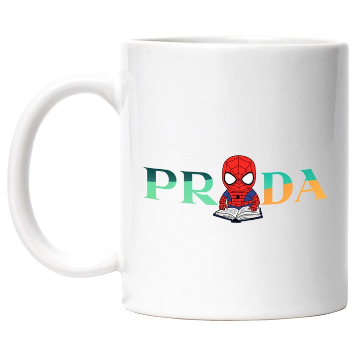 Cana Cu SpiderMan, Cu Textul "Prada" - Design 17, Ceramica, 330ML, Cu Maner si Interior Alb