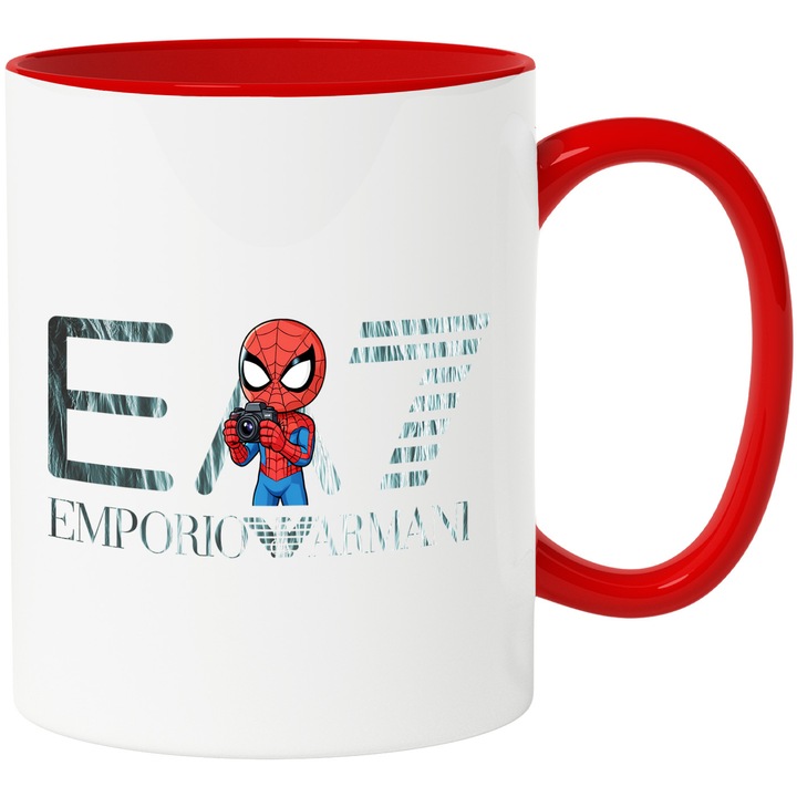 Cana Cu SpiderMan, Cu Textul "Emporio Armani EA" - Design 36, Ceramica, 330ML, Cu Maner si Interior Rosu