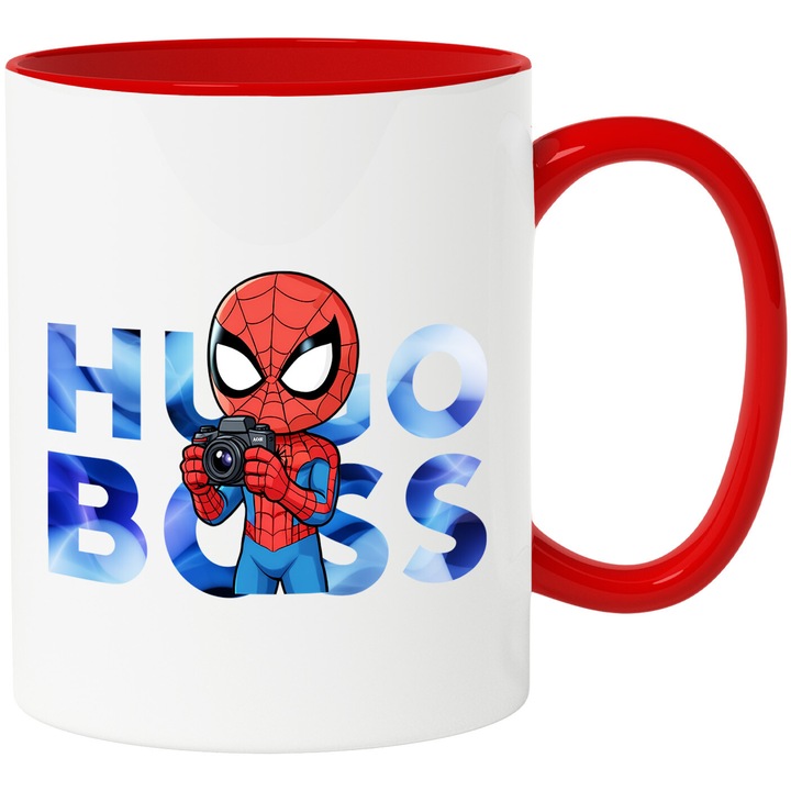 Cana Cu SpiderMan, Cu Textul "Hugo Boss" - Design 36, Ceramica, 330ML, Cu Maner si Interior Rosu