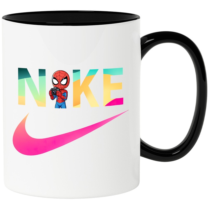Cana Cu SpiderMan, Cu Textul "Nike" - Design 70, Ceramica, 330ML, Cu Maner si Interior Negru