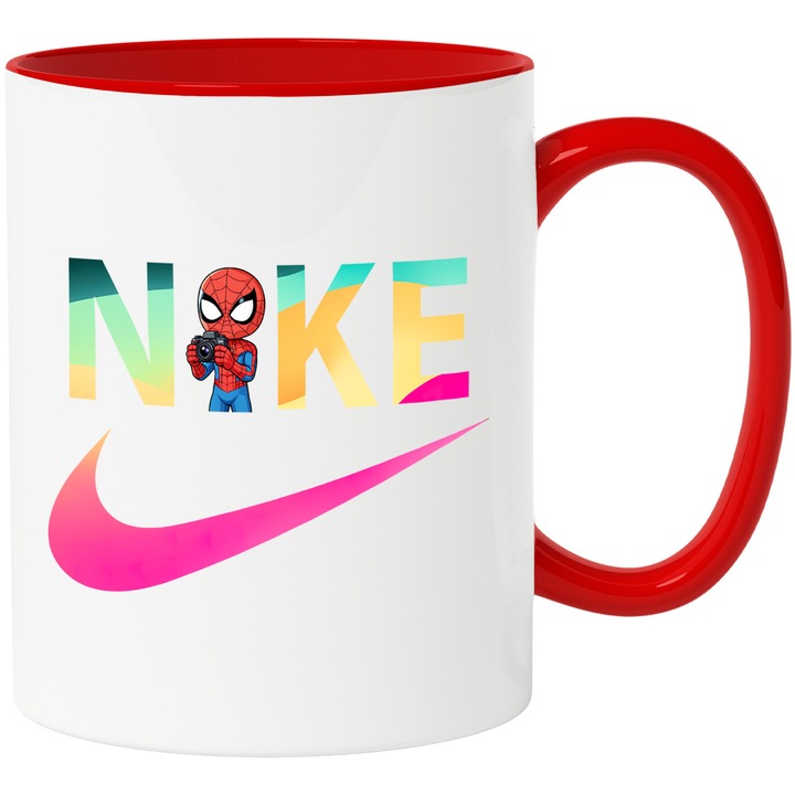 Cana Cu SpiderMan, Cu Textul "Nike" - Design 70, Ceramica, 330ML, Cu Maner si Interior Rosu