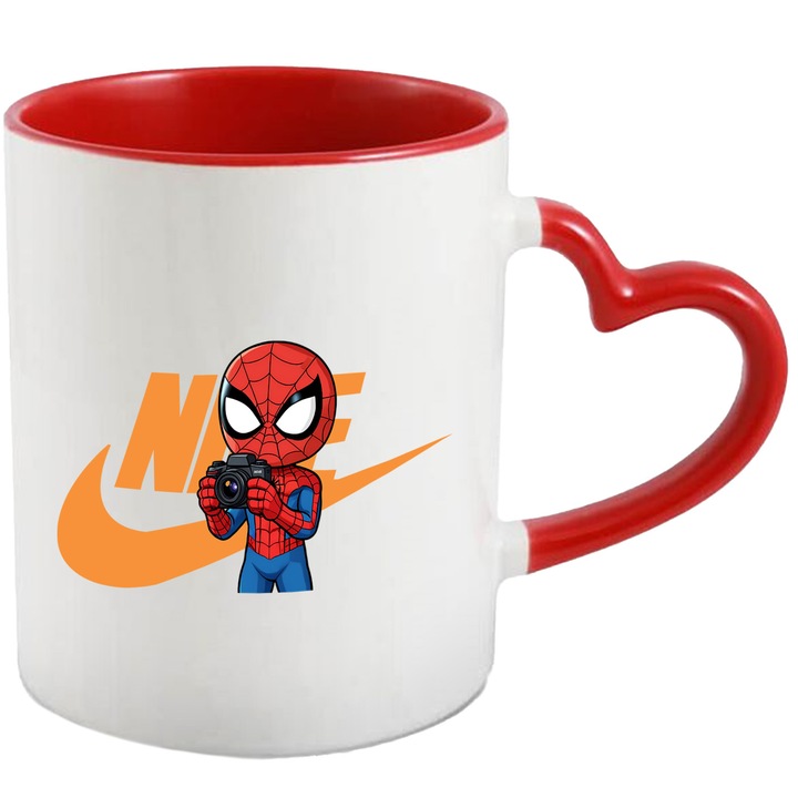 Cana Cu SpiderMan, Cu Textul "Nike" - Design 72, Ceramica, 330ML, Cu Maner Inima Rosie si Interior Rosu