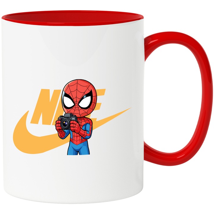 Cana Cu SpiderMan, Cu Textul "Nike" - Design 72, Ceramica, 330ML, Cu Maner si Interior Rosu
