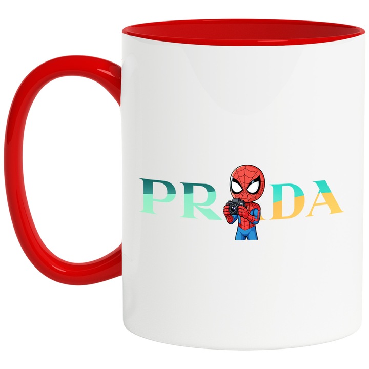 Cana Cu SpiderMan, Cu Textul "Prada" - Design 18, Ceramica, 330ML, Cu Maner si Interior Rosu
